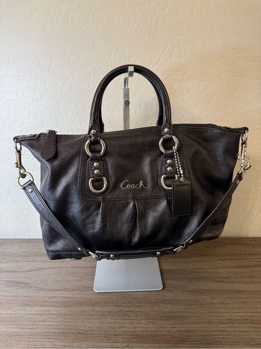 Coach Black Leather Top-Handle Shoulder Bag with Silver Hardware